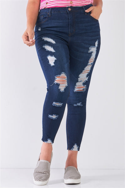 Plus Size Denim Mid-rise Raw Hem Detail Ripped Skinny Jean Pants