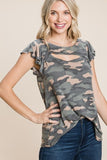 Army Camo Printed Cut Out Neckline Short Flutter Sleeves Casual Basic Top