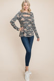 Army Camo Printed Cut Out Neckline Long Sleeves Casual Basic Top