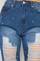 Rhinestones Ripped-front Denim Jeans