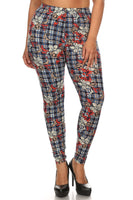 Plaid With Floral Print Overlay Knit Legging With Elastic Waistband, And High Waist Fit