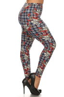 Plaid With Floral Print Overlay Knit Legging With Elastic Waistband, And High Waist Fit