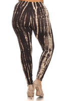 Plus Size Black And Tan Tie Dye Print Full Length Fitted Leggings With High Waist.